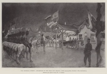 Our Imperial Guests, Departure of the Czar and Czarina from Ballater Station for Balmoral